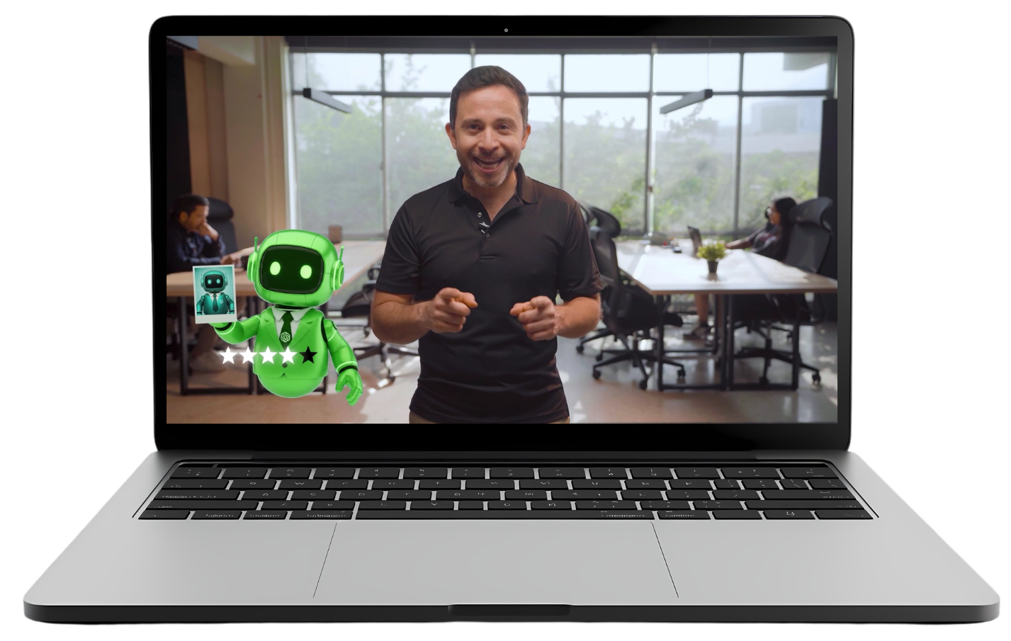 Vista previa del curso Inteligencia Artificial para Ejecutivos en laptop con el instructor y el robot mascota de Colek Academy